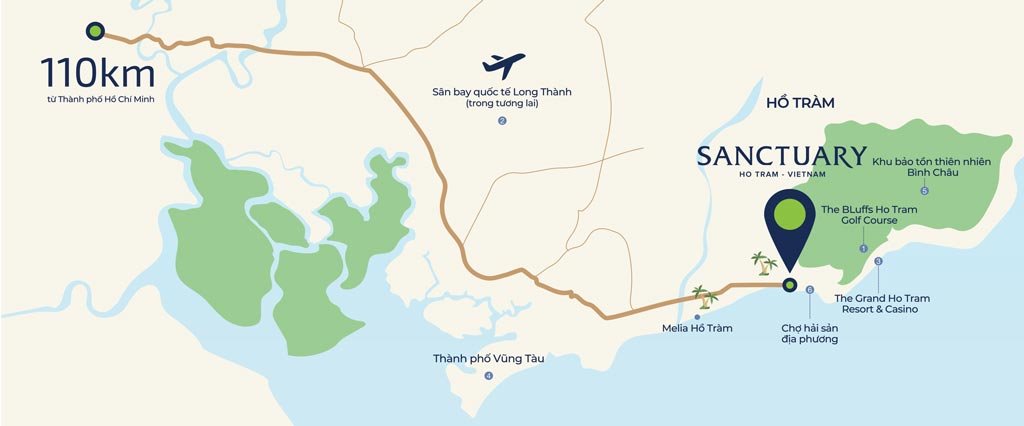 Bản đồ vị trí Sanctuary Hồ Tràm nằm liền kề với Maia Resort Hồ Tràm
