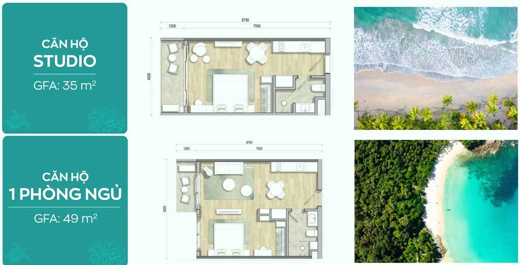 Mặt bằng căn hộ Studio và 1 phòng ngủ Maia Resort Hồ Tràm